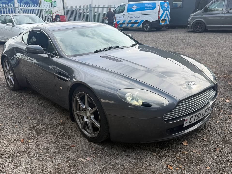 Grey Aston Martin Vantage 4.3 V8 for sale at Knight's Car & Van Repairs, front three quarter view
